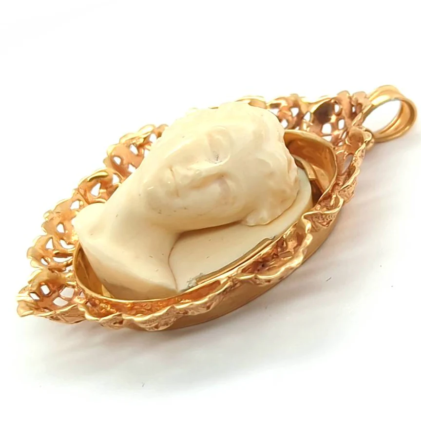 Vintage Carved 14Kt Yellow Gold Ivory Cameo Pendant - Image 2
